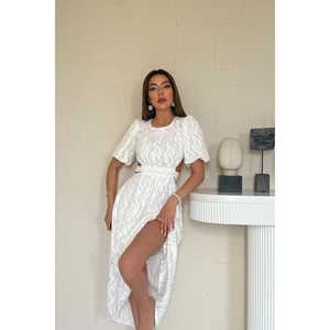 Robe de soirée blanche en gros avec manches ballon et ceinture, design élégant - Product Image 5