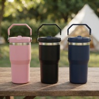 Gourde isotherme personnalisée en acier inoxydable 304 de 20 oz, à double paroi, avec couvercle à paille rabattable et poignée de transport