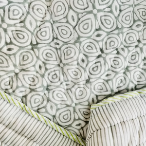 Sage Green Geometrical Hand Block Print Reversible <b>Quilt</b> 200 GSM Cotton Filled Hand Stitched 90 X108 Inches Luxury <b>Bedding</b> <b>Quilt</b> - Product Image 1