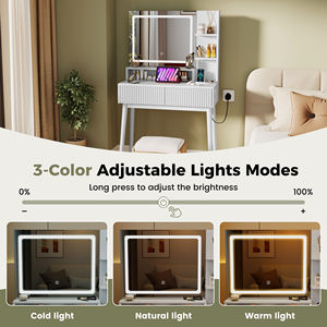 Bureau de toilette moderne en bois avec miroir LED éclairé, tiroirs de rangement et station de charge pour chambre, salle de bain et hôtel - Product Image 3