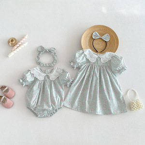 Gaun Anak Perempuan Motif Bunga Cetak Sisters, Rok Musim Panas, Baju Bayi Lengan Pendek, Romper Bayi Katun, Pakaian Bayi - Product Image 3