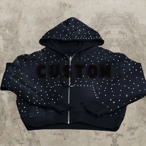 Sudadera con capucha para hombre de algodón rasgado con pedrería personalizada, con cremallera, estilo vintage desgastado y lavado ácido - Product Image 2
