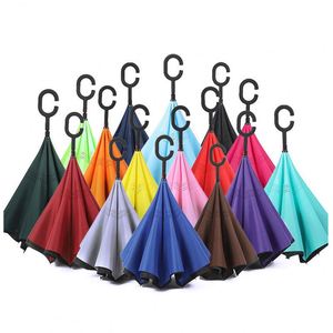 Parapluie inversé personnalisé à double couche avec poignée en C mains libres - Product Image 4