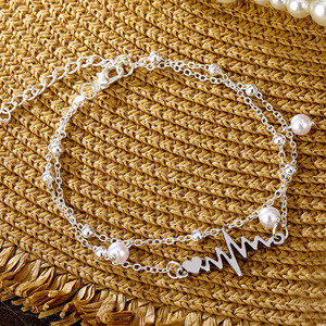 Tobillera de Plata con Perlas de Doble Capa Estilo Bohemio para Mujer, Diseño de Corazón ECG, Ideal para Vacaciones en la Playa - Product Image 4