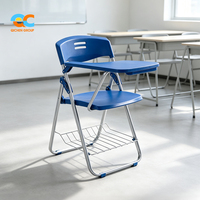 Chaise pliante personnalisée pour expert, siège en plastique bleu, tablette, panier à câbles, chaises d'école avec bureau, sièges d'étude pour salle de classe