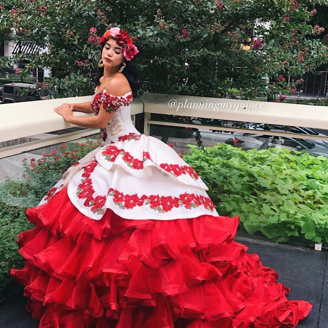 BL02 Red and White Flower Lace Embroidery Ball Gown Prom Dress