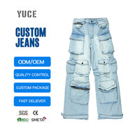 Fabricant de denim sur mesure, jeans cargo larges et amples pour hommes, bleu clair, multi-poches, ourlet zippé déchiré, streetwear, jeans cargo pour hommes
