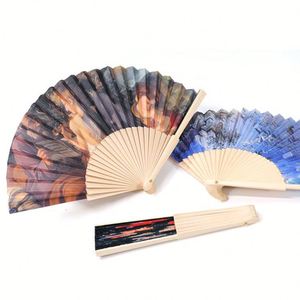 Éventail pliant personnalisé écologique peint à la main, en bambou et tissu coloré - Product Image 1