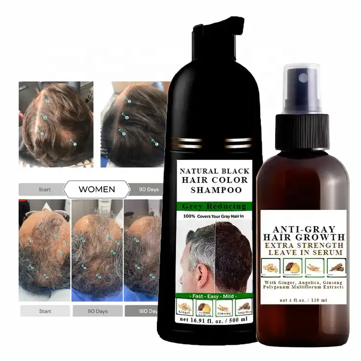 Mengurangi rambut hitam alami sampo warna kekuatan ekstra Anti rambut rontok minyak penumbuh kembali meninggalkan dalam Serum dengan jahe Angelica