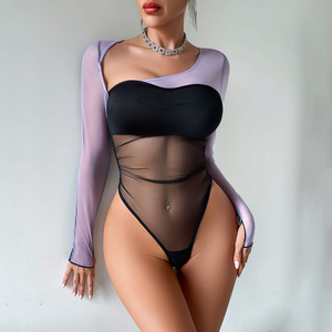 Body de malla transparente de manga larga con bloques de <span class=keywords><strong>color</strong></span> estilo Y2K, sexy, con abertura en la entrepierna, lencería de una pieza para mujer - Product Image 4