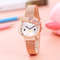 Reloj de Pulsera de Cuero para Niñas, Diseño de Gato de Dibujos Animados, HELLO KITTY, Resistente al Agua hasta 10 m, Venta al por Mayor para Comercio Exterior