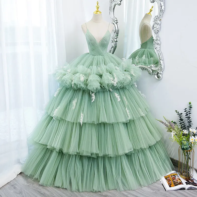 QUEENSGOWN New design Candy green peri spaghei strap deep v illusion multi-layer princess prom