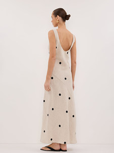 Robe midi en lin vintage minimaliste pour femme, style français décontracté, col rond, taille naturelle cintrée, dos nu, imprimé décontracté pour les vacances - Product Image 3