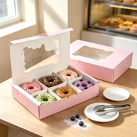 Ensemble d'emballages de boulangerie en carton pliable et recyclable avec logo personnalisé, poignée et ruban, impression quadricolore pour gâteaux et en-cas