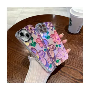 MAXUN IMD Flower Pattern Red Color Glitter Blu-ray With Lens Film Phone Case Protection Case for iPhone 15 14 11 Pro Max