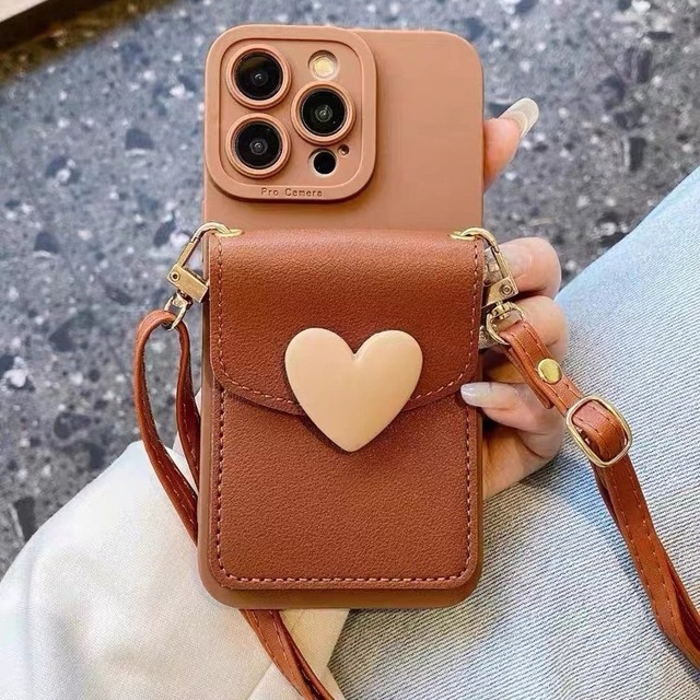 Zenos Brown Leather Ins Style Heart Card Holder Phone Case Water Resistant Crossbody Strap Chains for iPhone All Seasons