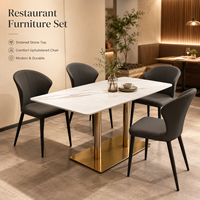 Tables et chaises de restaurant, ensemble de salle à manger avec plateau en pierre frittée, base en colonne dorée et sièges rembourrés pour bistrot et café