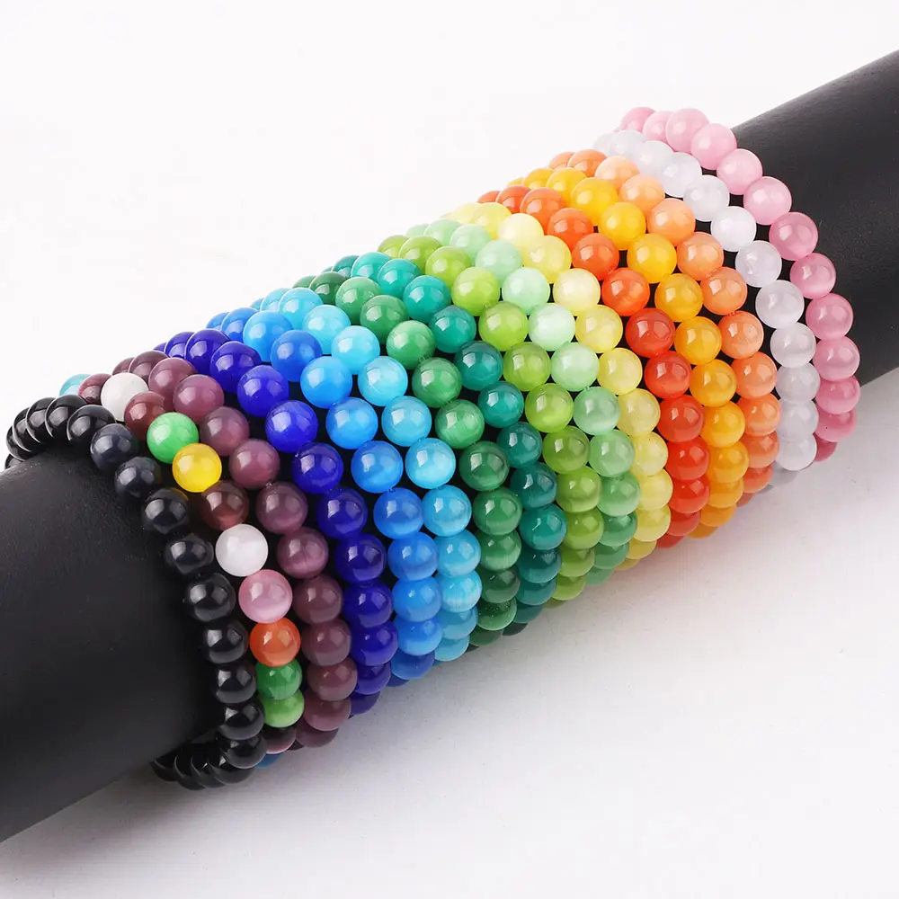 Neue Mode 8mm Katzenaugen-Armband Damen Opal Glasperlen elastisches Armband einfacher einfarbiger Stein Regenbogen-Armband JBS12641