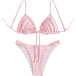 FOXA Women's 2 Piece <b>Bikini</b> <b>Set</b> Tie Front Ruffled Wireless Padded Swimsuit Pink Gingham Pattern - Product Image 1