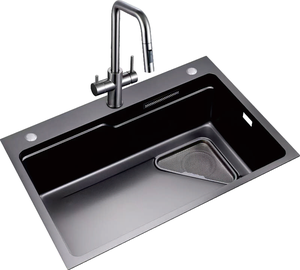 Évier de cuisine en acier inoxydable SUS304 noir nano, forme trapézoïdale, 760x480mm, avec robinet de pluie et filtre à déchets, robinet inclus - Product Image 4