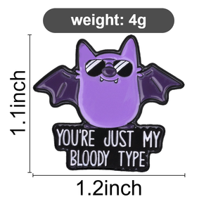 Spilla smaltata viola con pipistrello e occhiali da sole, broccia 'You're Just My Bloody Type' per decorazione zaino - Product Image 6