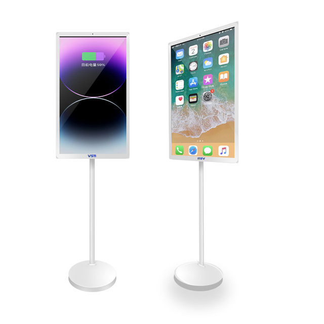 VSTI 22\" Portable Mini Android Smart TV with Touch Screen LED Backlight White Cabinet Stand Wheels for Kitchen 1080P Display