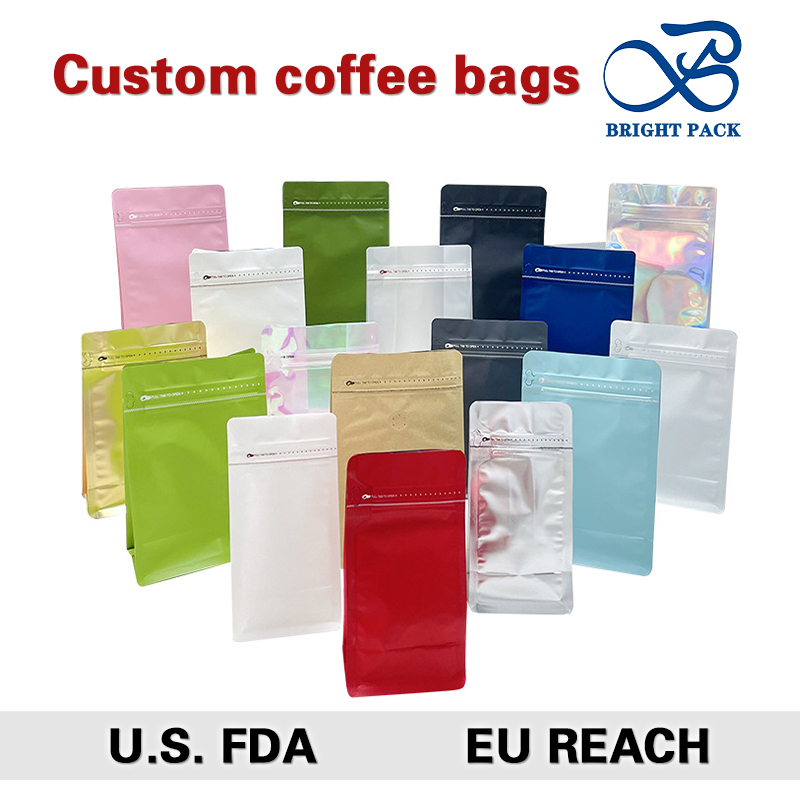 Wholesale Coffee Bag 125g 250g 500g 1000g Flat Bottom Bag With Valve Eight Side air Valve Coffee Bag