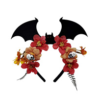 Serre-tête Halloween Crâne de chauve-souris et fleurs, accessoire de coiffure pour femmes pour fête du Jour des Morts, accessoires de costume de cosplay