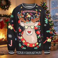 Pull de Noël pour homme en nylon/acrylique tricoté avec motif renne, manches longues, logo frontal, hiver