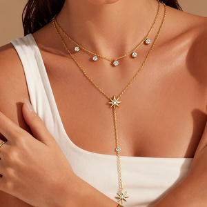 Collar de estrellas en capas chapado en oro de 18k con diamantes incrustados, cadena en Y, joyería para fiesta - Product Image 1