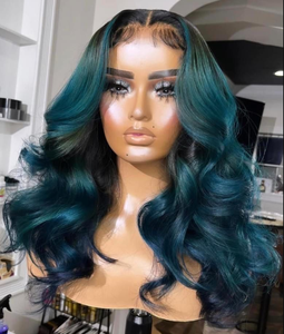 Peluca <span class=keywords><strong>de</strong></span> <span class=keywords><strong>cabello</strong></span> peruano ombré, pelo ombré negro y azul, cuerpo ondulado, pavo real, raya azul marino, estilo resaltado, encaje frontal - Product Image 4