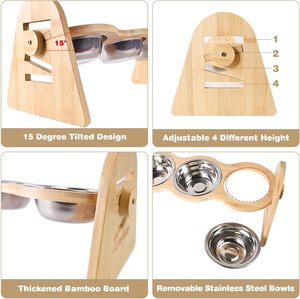 Hauteurs réglables Bol écologique pour animaux de compagnie Bols de nourriture pour chat en bambou surélevés avec 3 bols en acier inoxydable pour petits chiens - Product Image 3
