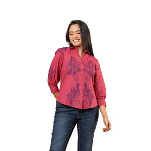 Chemisier polyvalent en lin rose de qualité supérieure avec broderie florale, respirant, idéal pour toutes les saisons, pour femme - Product Image 3