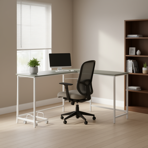 <b>L</b> <b>Shape</b> Computer <b>Desk</b> Grey <b>White</b> Metal Frame Wood Top Home Office Furniture - Product Image 2