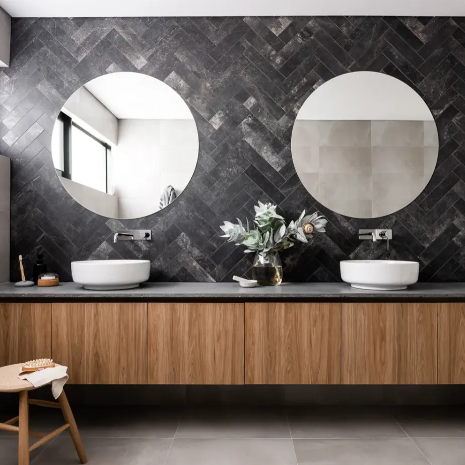 2023 HangZhou Vermont stile italiano specchio impiallacciato in legno bagno vanità doppio lavabo a parete mobili da bagno senza maniglie