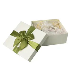Skin Care Products Box Woven Paper Custom Valentine's Day Festival Special Texture Paper Gift Box White with Green Ribbon