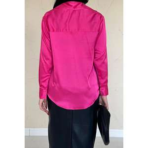 Camisa de Satén Fucsia para Mujer, con Botones, Elegante Blusa de Oficina, Color Caramelo, Manga Larga, Ropa Formal - Product Image 1