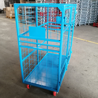 Chariot d'entrepôt robuste bleu à 4 côtés, conteneur à roulettes de sécurité, chariot de logistique pour marchandises