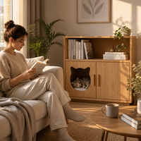 Table de chevet en bois pour chat, design cohabitation humain-animal, avec maisonnette cachée, meuble pour animaux de compagnie en pin massif pour salon
