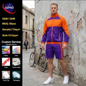 QZFSO Custom Logo Mens Streetwear Tracksuit Full Zip Stand Collar Color Block Cut and <b>Sew</b> Two Piece Shorts Sportswear <b>Set</b> - Product Image 1