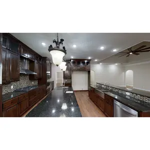 CBMmart Clear Stained Coating Finish Solid Red Oak Wood Kitchen Cupboard Kitchen Cabinets with Black Marble Island