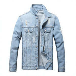 Chaqueta de Mezclilla Azul Claro para Hombre, Estilo Desgastado, Cuello Alto, Cierre de Botones, Manga Larga, Casual, con Rasgaduras en la Parte Delantera, Forro de Algodón, para Primavera y Otoño - Product Image 3