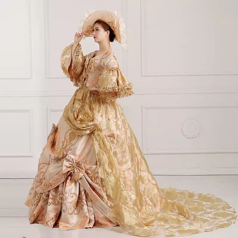Renaissance Medieval Long Tailing Victorian Dress - 18th Century Champagne  Ball Gown for Marie Antoinette Costumes