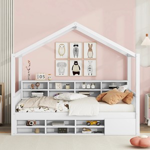 Tomy <span class=keywords><strong>Niki</strong></span> Lit de maison en bois blanc avec étagères Mini armoire Cadre de lit en pin pour printemps de boîte d'école non requis - Product Image 2