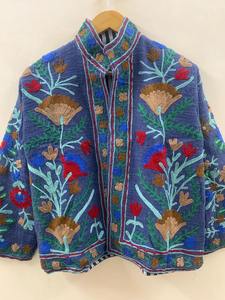 Bleu TNT Tissu Suzani Broderie À La Main Veste Indien Coton Broderie Veste À La Main Floral Court Manteau Suzani Robe - Product Image 3