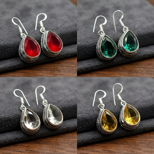 Vintage 925 Silver Pear Cut Crystal Drop <b>Earrings</b> For Women Everyday Wear Bezel Setting Water Drop Shape Green Blue Black Colors - Product Image 3
