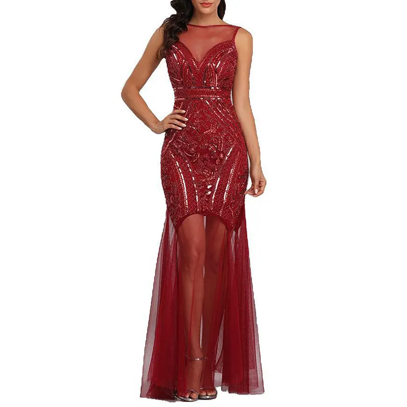 Women Fashion Solid Color Slim Mesh Beaded Perspective Sexy Evening Dress Wine Red Round Neck Sleeveless Elegant Prom Dress