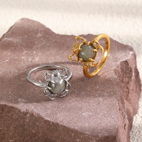Bague tendance pour femme en acier inoxydable plaqué or 18 carats, motif scarabée en aventurine grise, style niche Europe et Amérique