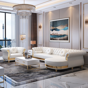 Juego de Sofás de Cuero Genuino de Lujo, Estilo Real, con Borde Dorado y Hebilla |   Sofá Modular Seccional Moderno para Villa con Garantía de 10 Años - Product Image 2
