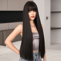 Perruque noire naturelle de 28 pouces avec frange, perruque longue et droite pour femmes, perruques synthétiques noires et brunes d'apparence naturelle pour un usage quotidien